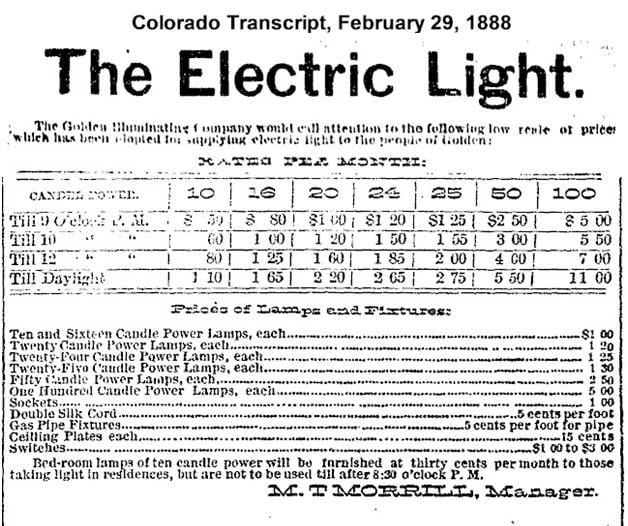 Feb. 29, 1988 Transcript ad showing electric rates measured by time of day and candle power