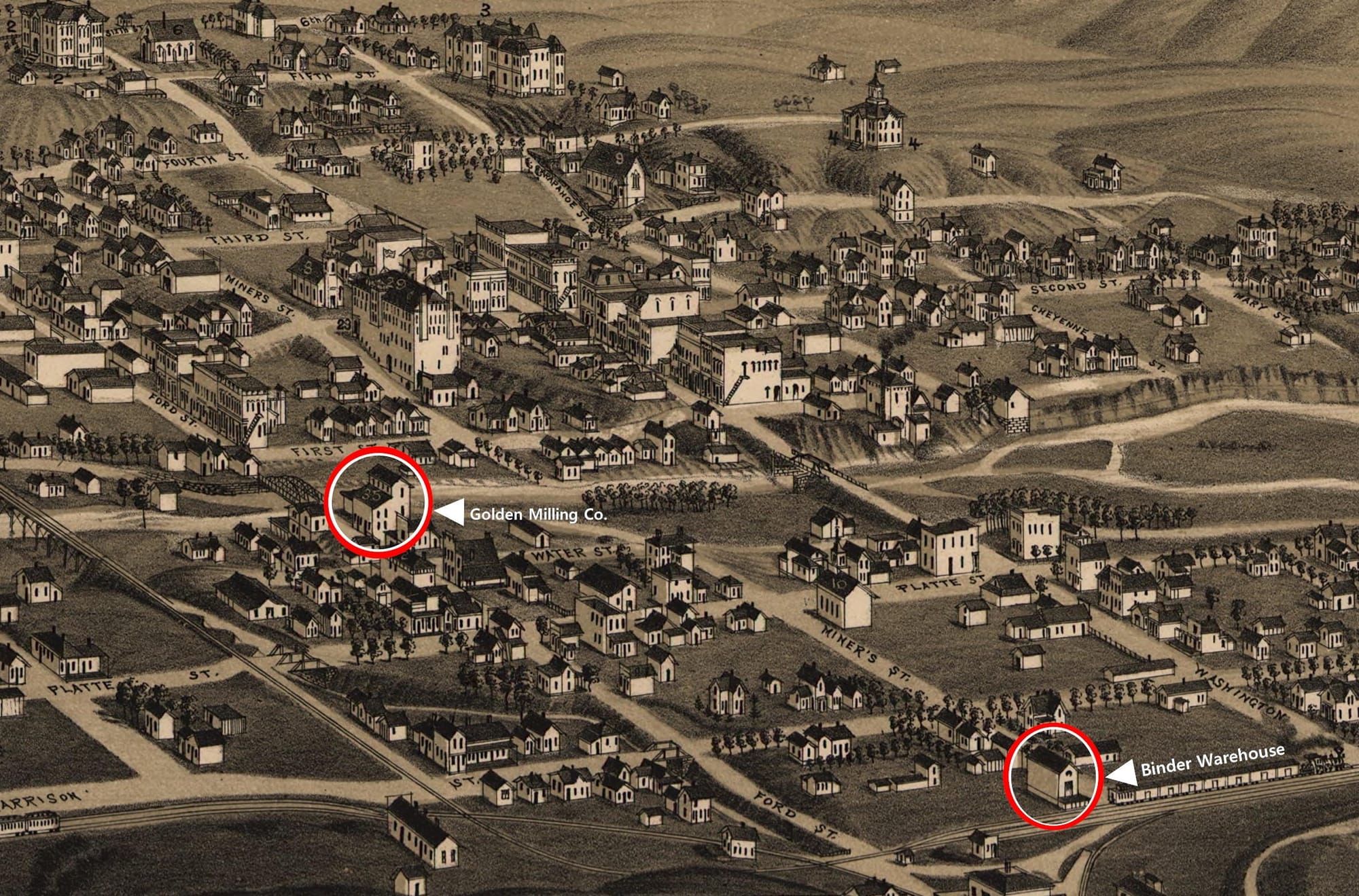 sepia-toned hand-drawn 3D map showing Golden in 1882