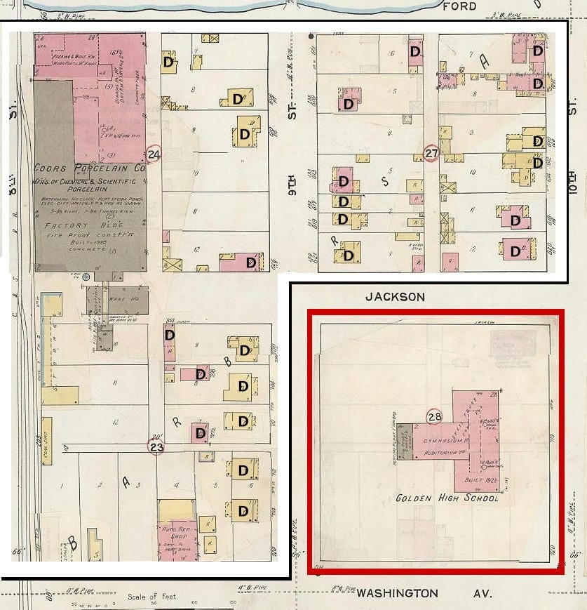 map showing Washington to Ford, 10th to 8th, with 24 houses and outbuildings, Golden High School, and Coors Porcelain