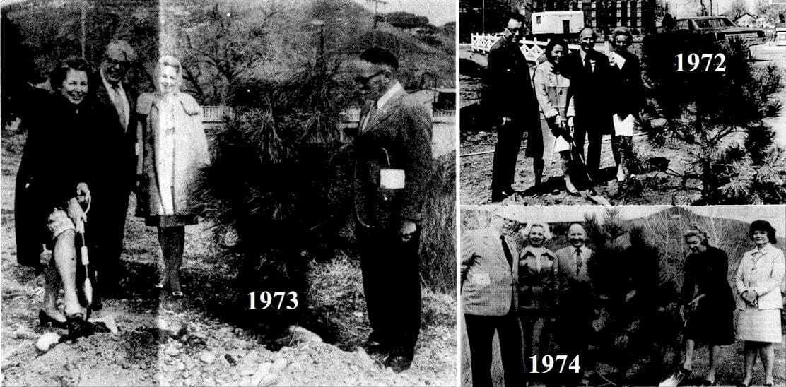 Transcript images of tree-planting ceremonies--women doing to planting while male city officials watch