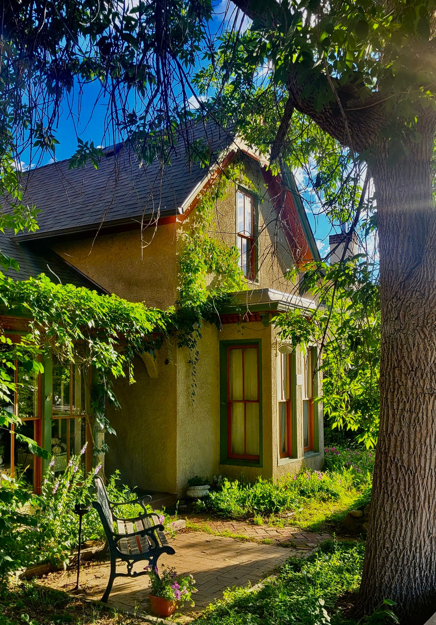 stucco-covered Victorian house with green trim, flowers, a bench, and a tree in front