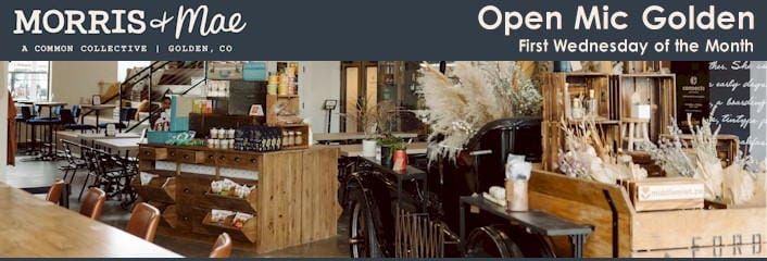 shows interior of a restaurant with text saying Morris & Mae Open Mic Golden 1st Wednesday