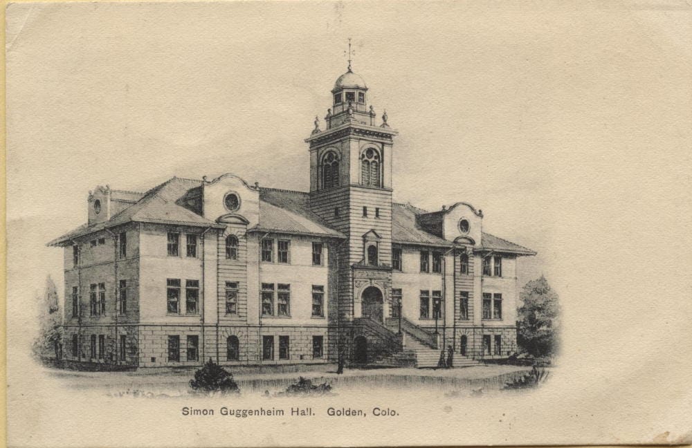 old pen and ink sketch of Guggenheim Hall - central tower with dome at the top, long staircase to central arched doorway