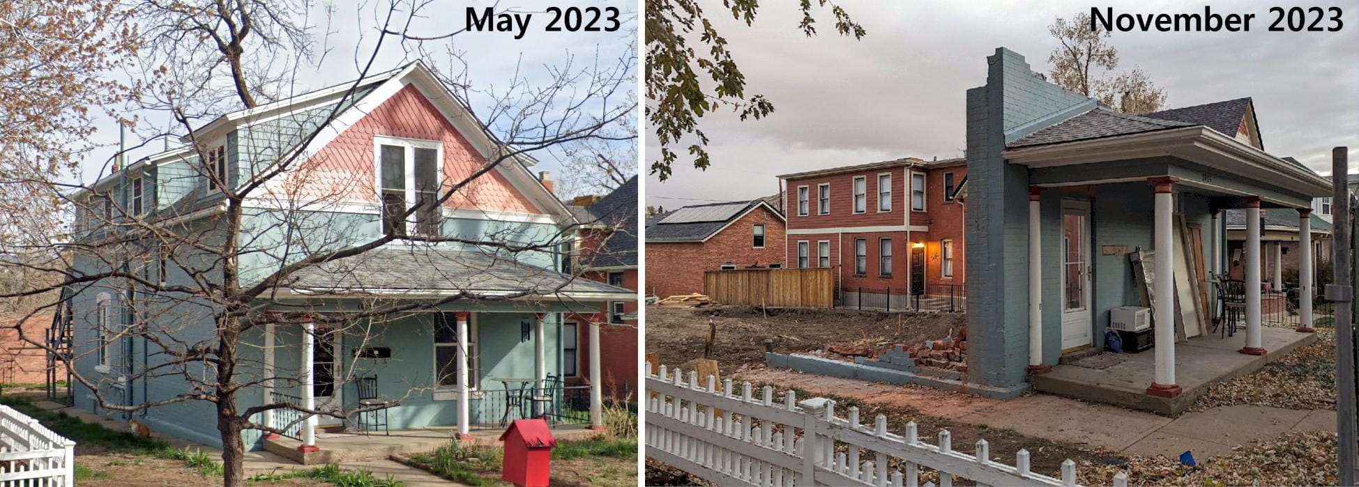 before and after images showing of 2 story brick house with front porch, followed by only the 1st floor of the front wall