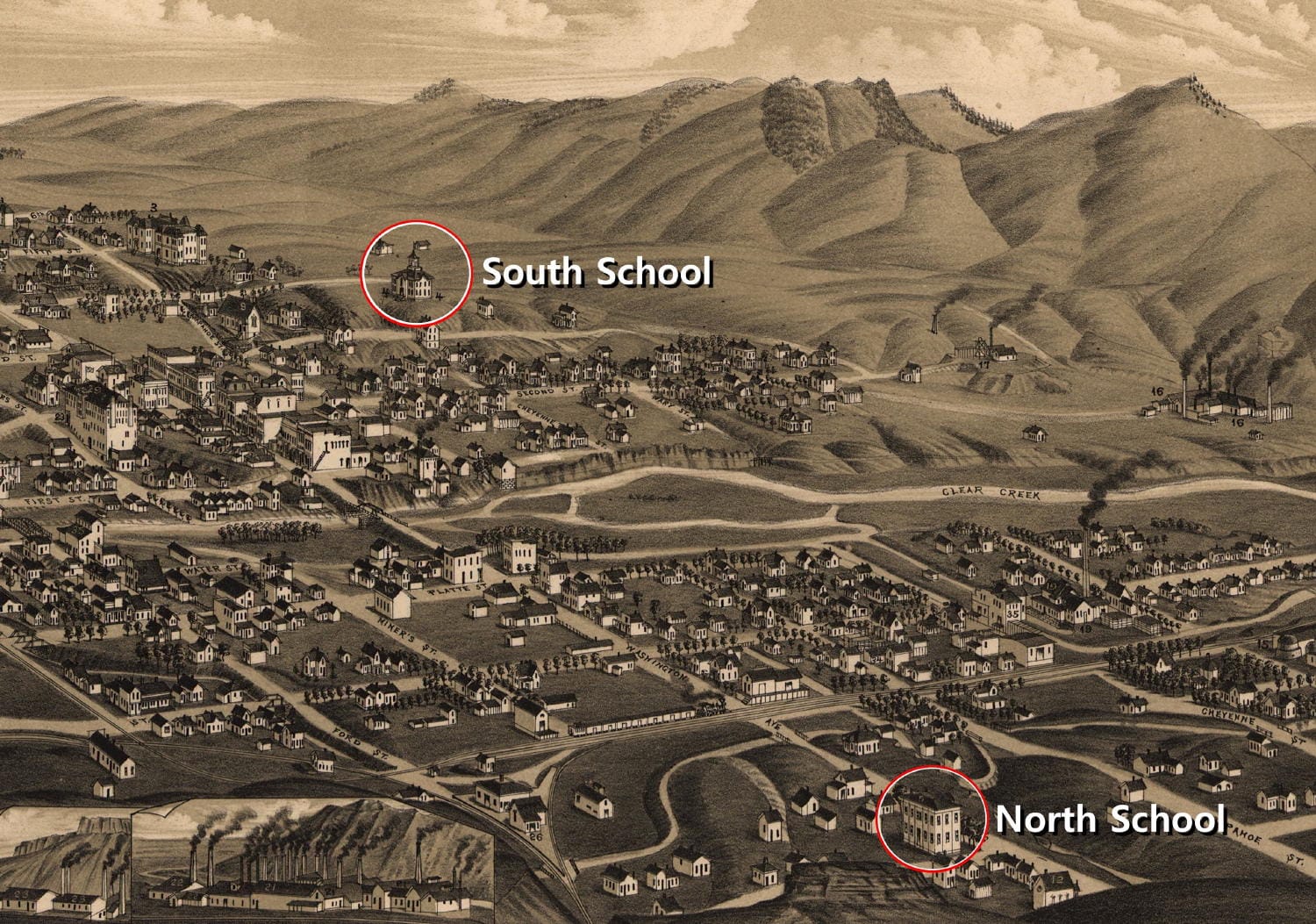 hand-drawn 3D map of Golden in 1882 with schools circled