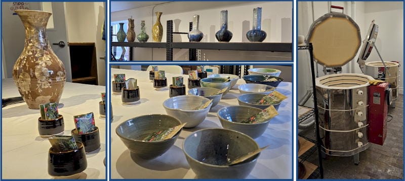 3 panels showing finished bowls and vases and one panel showing metal kilns