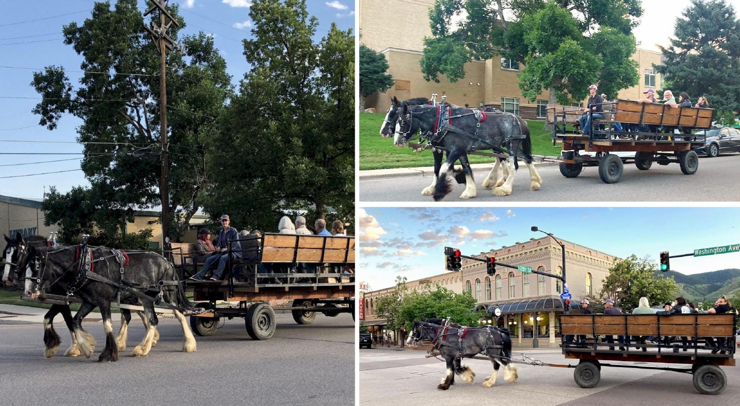 horse-drawn wagon near the library, the mountaineering center, and at 12th & Washington