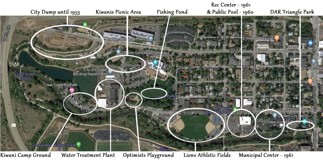satellite view of the north side of Clear Creek from Washington to Hwy 6 with areas circled for Kiwanis, Lions, Optimists, DAR