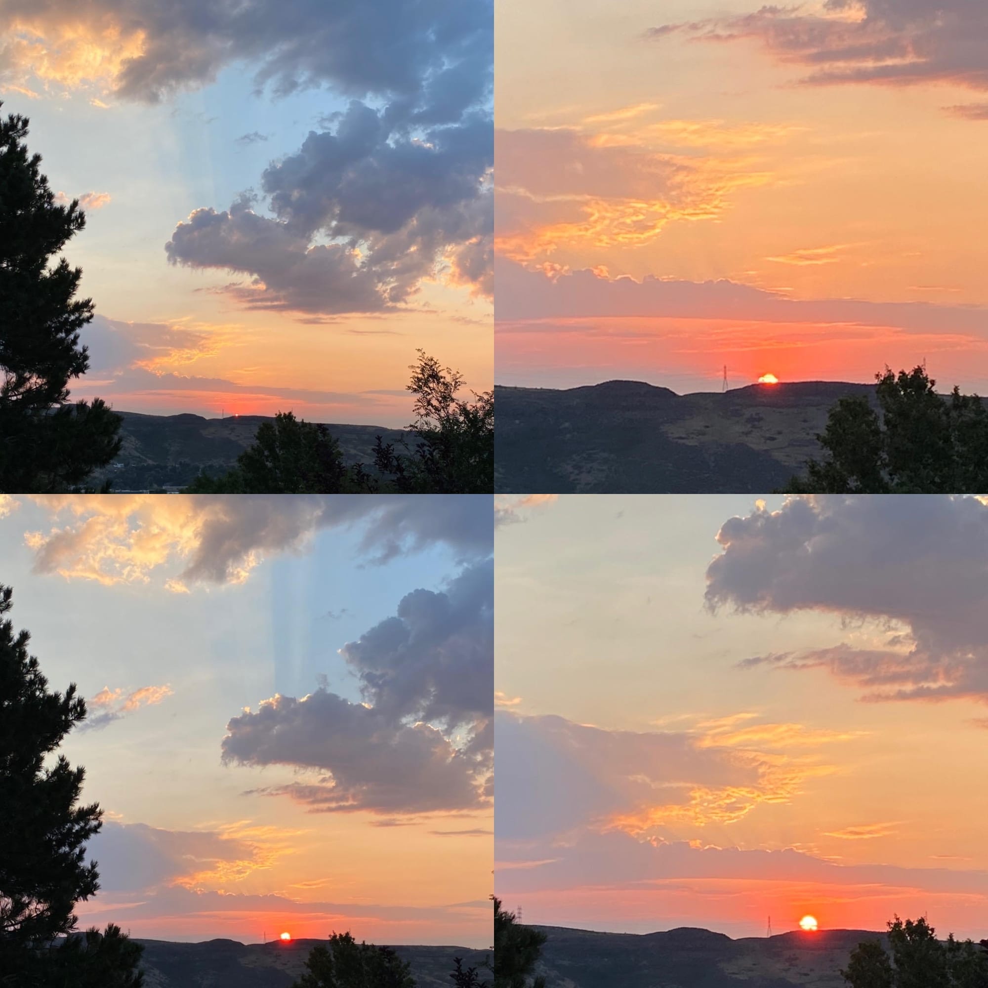 four panels showing the red sun just clearing the mountains