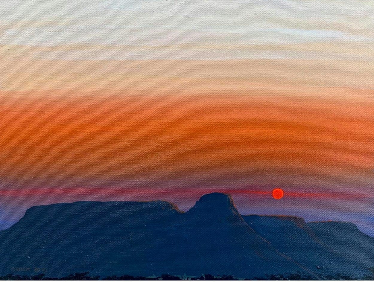paining showing a red sun in a red sky over the silhouette of South Table Mountain