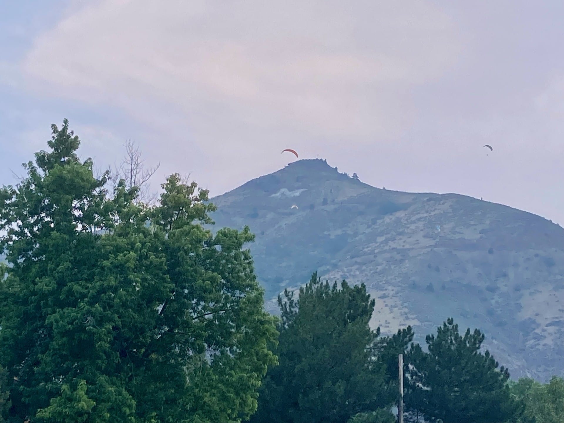 hang gliders over Mt. Zion on a murky day
