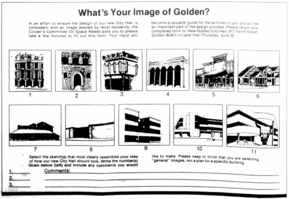form asks residents to chose a style from sketches of 11 buildings ranging from Victorian to modern concrete
