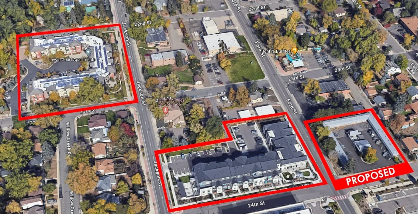 Satellite view of central Golden with three blocks outlined in red.