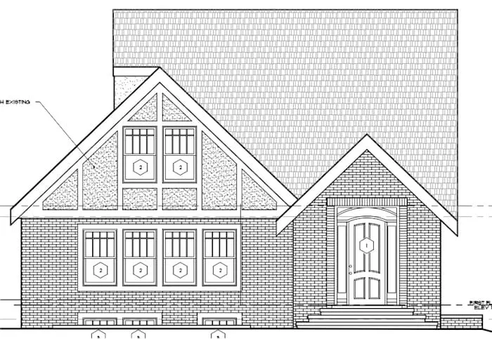 computer-generated rendering of a brick house with peaked roofs