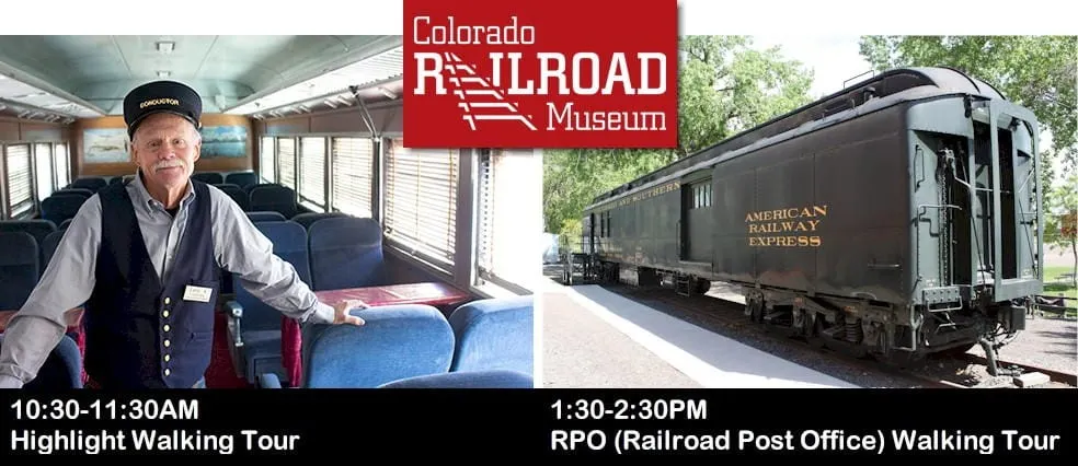 Conductor inside a passenger car for Highlight Tour; Closed dark green railcar for Railroad Post Office Tour