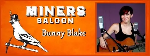 picture of a young woman with guitar in front of a microphone, plus Miners Saloon logo of a canary in a hard hat