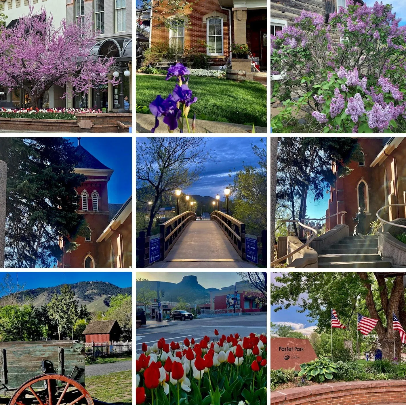 9 photos of Golden, including spring flowers, Foothills Art Center, flags in Parfet Park, and Billy Drew Bridge at night