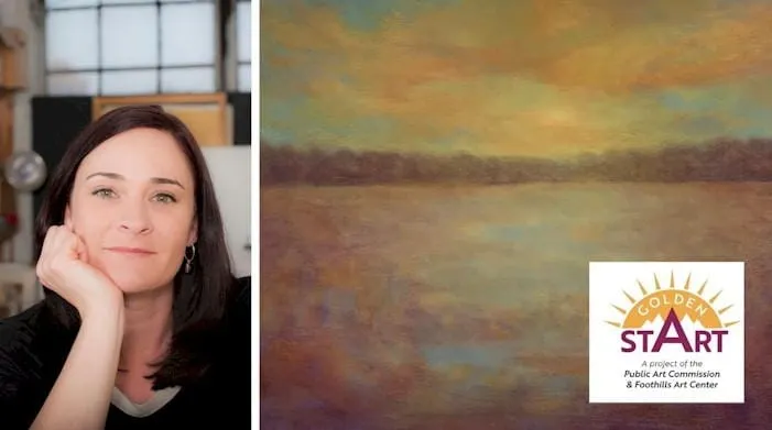 woman with long brown hair on left side, painting of sunset on right side