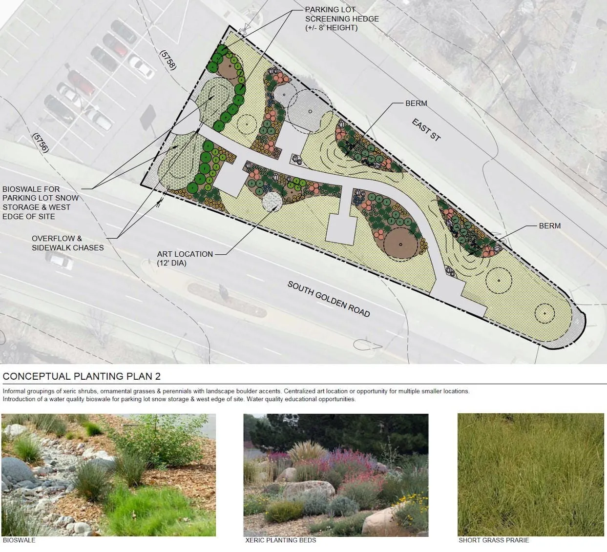 triangle of land bisected by a sidewalk with scattered flower beds - photos of example xeric plants below