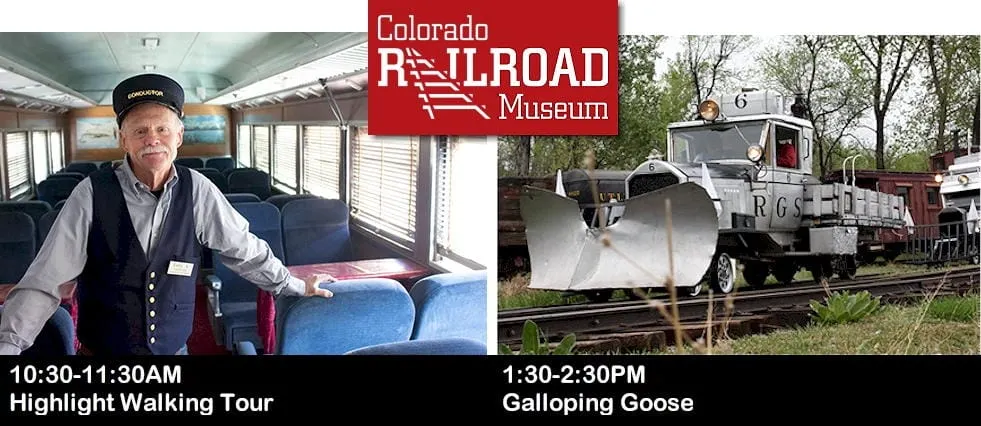 left - conductor inside an antique passenger car; right - silver flatbed truck on railroad-type wheels