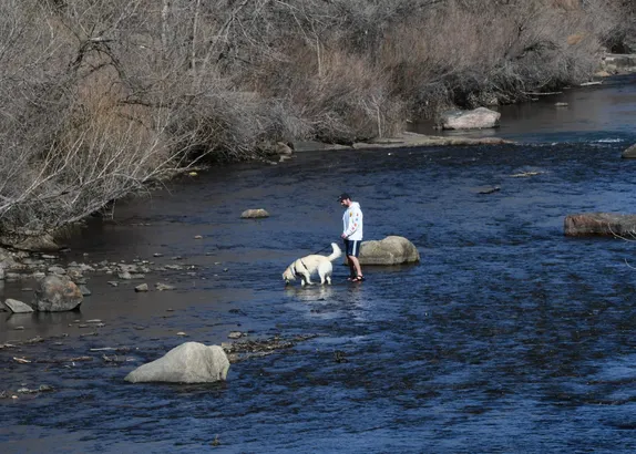 Man wearing a sweatshirt and sandals and his dog walk in ClearCreek.