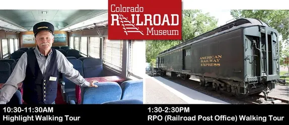 Conductor inside a passenger car for Highlight Tour; Closed dark green railcar for Railroad Post Office Tour