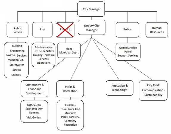 Org chart with City Manager on top, Finance Director second row, crossed out in red