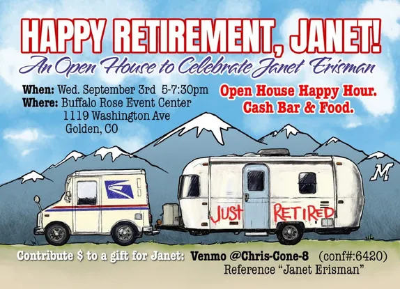 5-7:30PM Retirement Open House for Janet Erisman, USPS @ Buffalo Rose Event Center