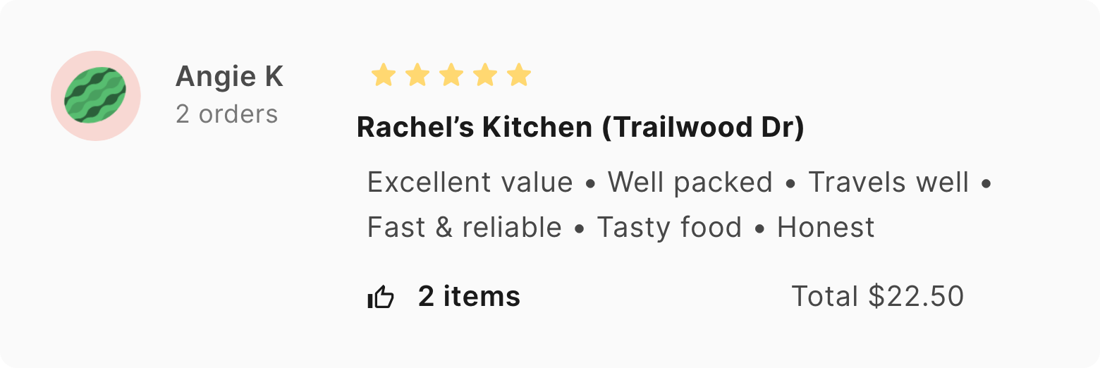 Image of 5 star customer review for Rachel's Kitchen by Angie K