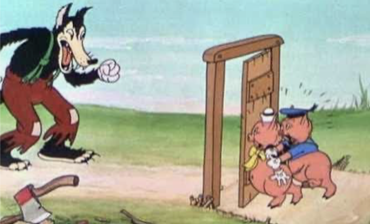 A cartoon wolf threatens two little pigs hiding behind a door