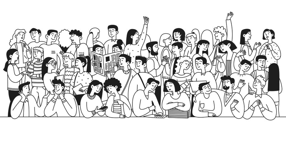 An illustration of many people talking to each other. Two people are reading a newspaper together.