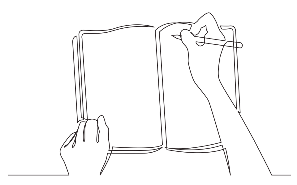 An line drawing depicts writing in a diary