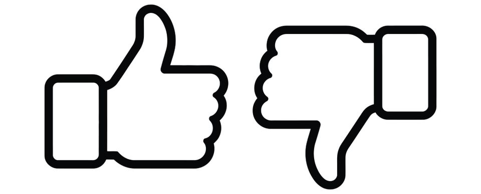 A line drawing of one thumbs up and one thumbs down