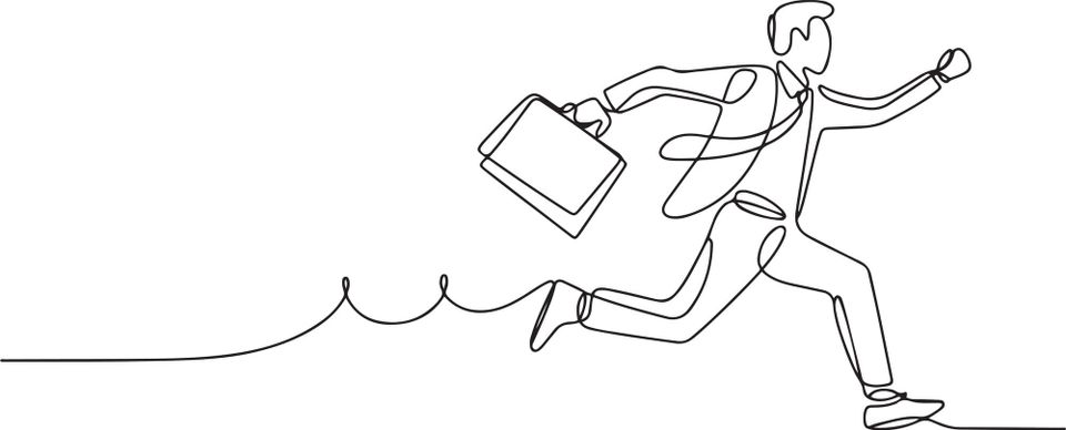 A continuous line drawing of a man with a briefcase running