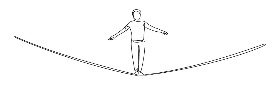 Continuous line drawing of a person walking on a tightrope