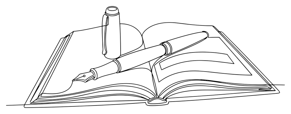 A continuous line drawing of an uncapped fountain pen laying on a open book