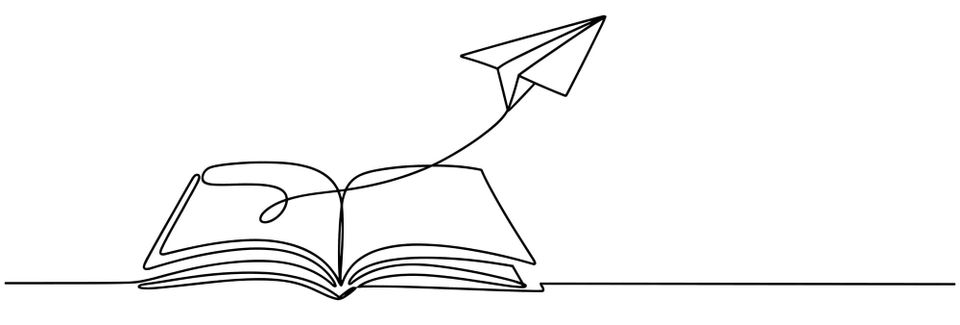 A continuous line drawing of a book page transformed into a paper airplane in flight