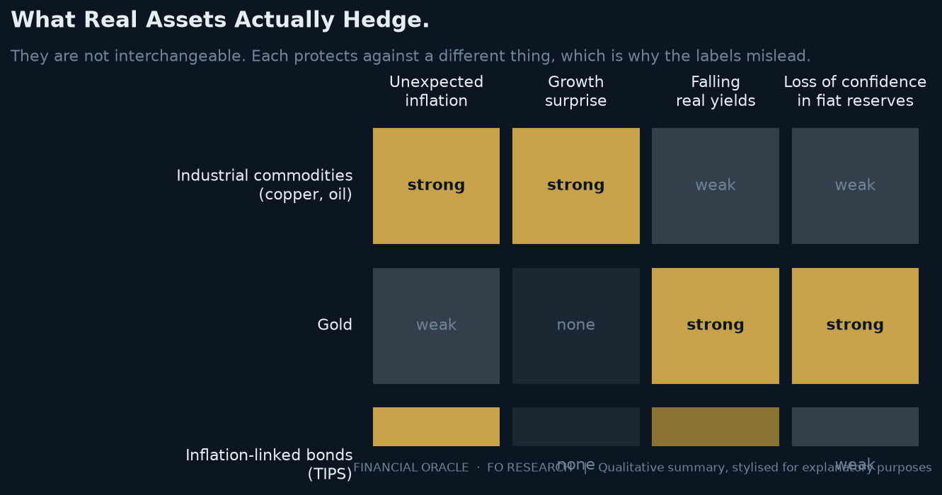 Matrix comparing industrial commodities, gold and inflation-linked bonds across four risks: unexpected inflation, growth surprise, falling real yields and loss of confidence in fiat reserves, showing each protects against different things.