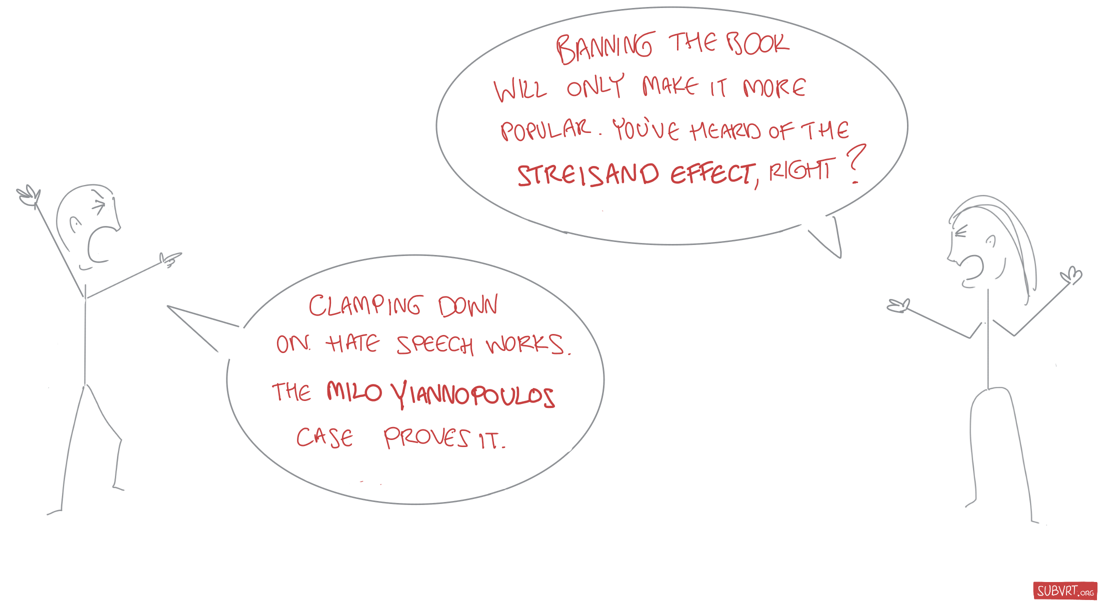 Katrina: "Banning the book will only make it more popular. You've heard of the Streisand effect, right?" Jon: “Clamping down on hate speech works. The Milo Yiannopoulos case proves it.”