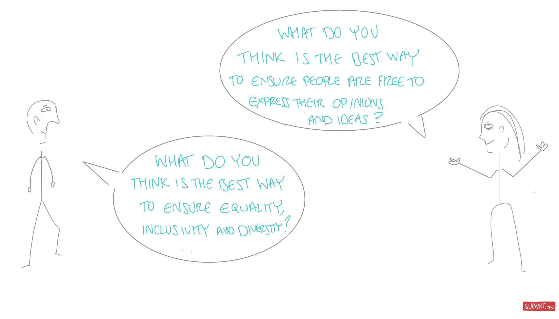 Jon: “What do you think is the best way to ensure equality, inclusivity and diversity?” Katrina: “What do you think is the best way to ensure people are free to express their opinions and ideas?"