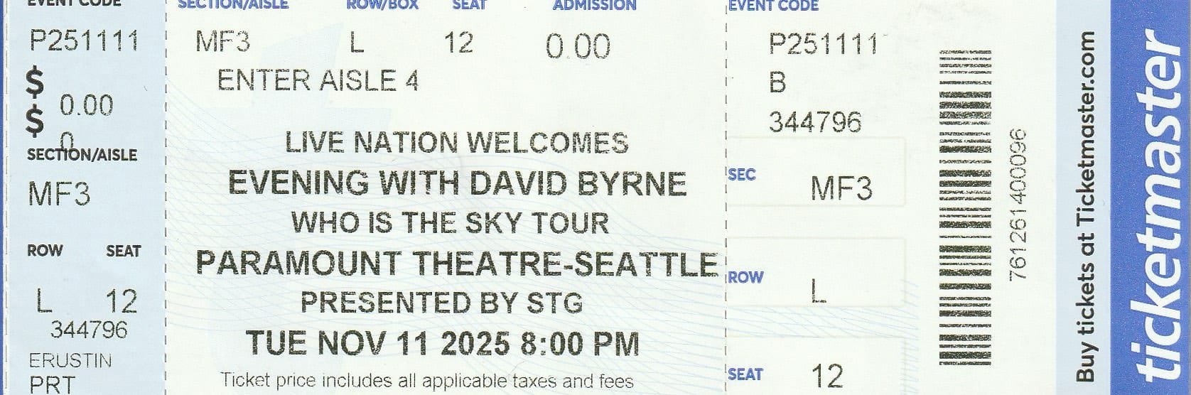 Lawrence's ticket to the David Byrne concert.