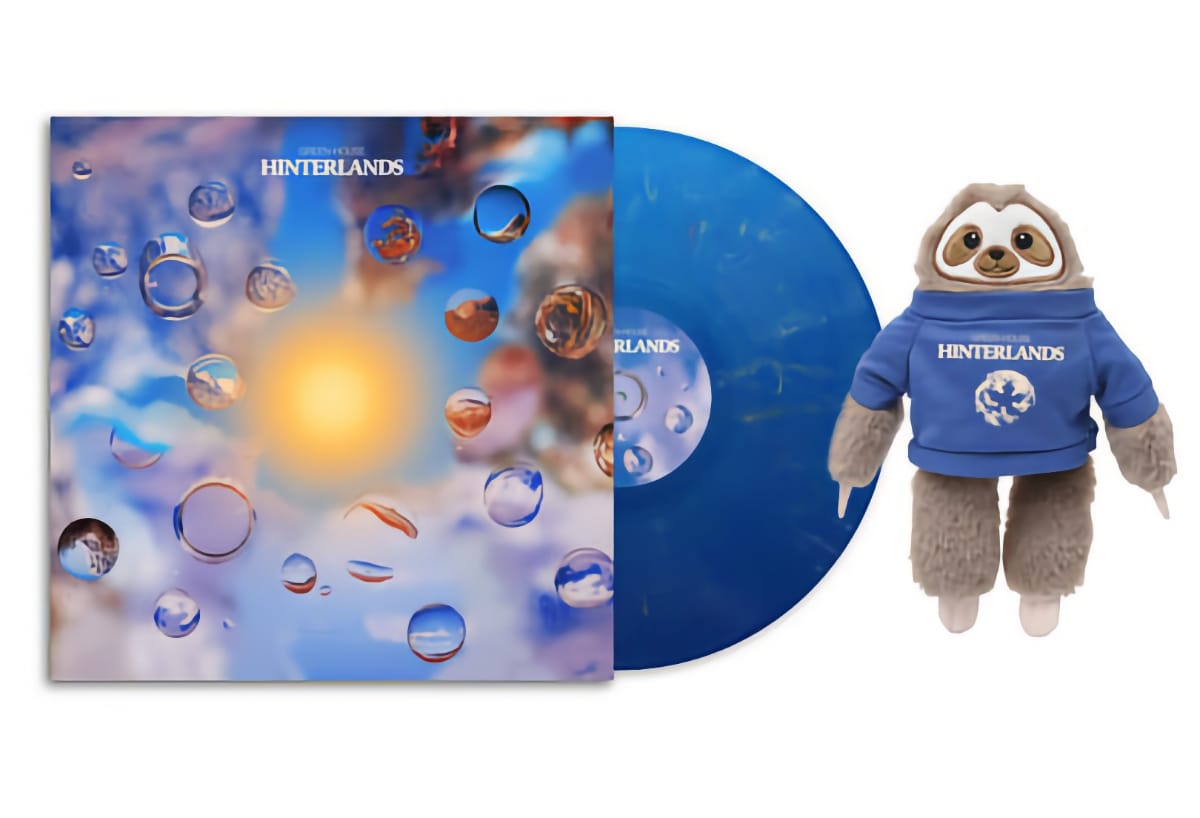 Green-House Hinterlands album with blue vinyl and sloth plush in matching hoodie, bubble-laden artwork.