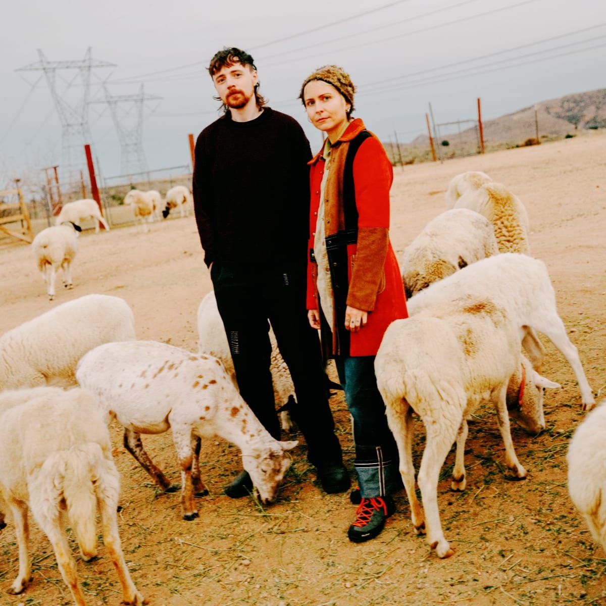 Green-House duo stands among grazing sheep on desert road, power lines and hills visible, warm vintage tones. Photo by Daniel Dorsa.