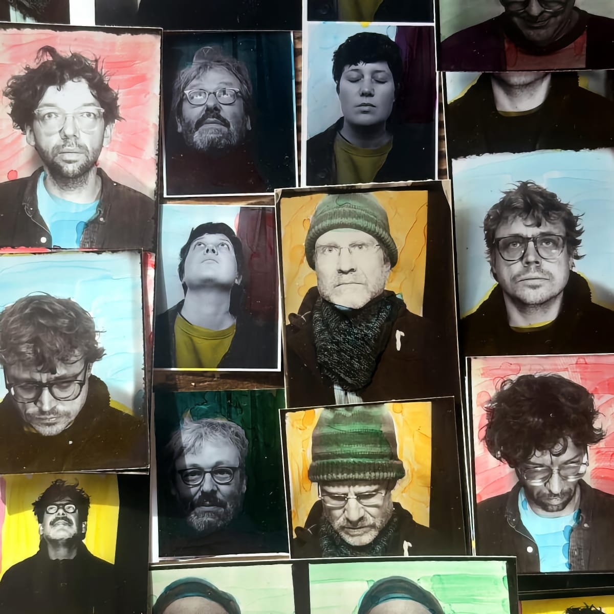 A collage of overlapping photo booth-style portraits of The Notwist members arranged against hand-painted yellow, red, and blue backgrounds.