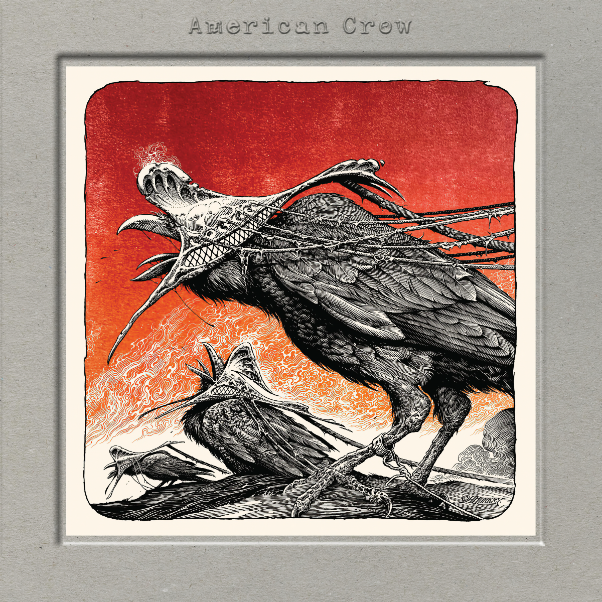 Album cover for American Crow by Maria Schneider: dense black ink illustration of mutant crows with skeletal, open-beaked heads against a red-orange fire-swirl background. Signed by the artist.