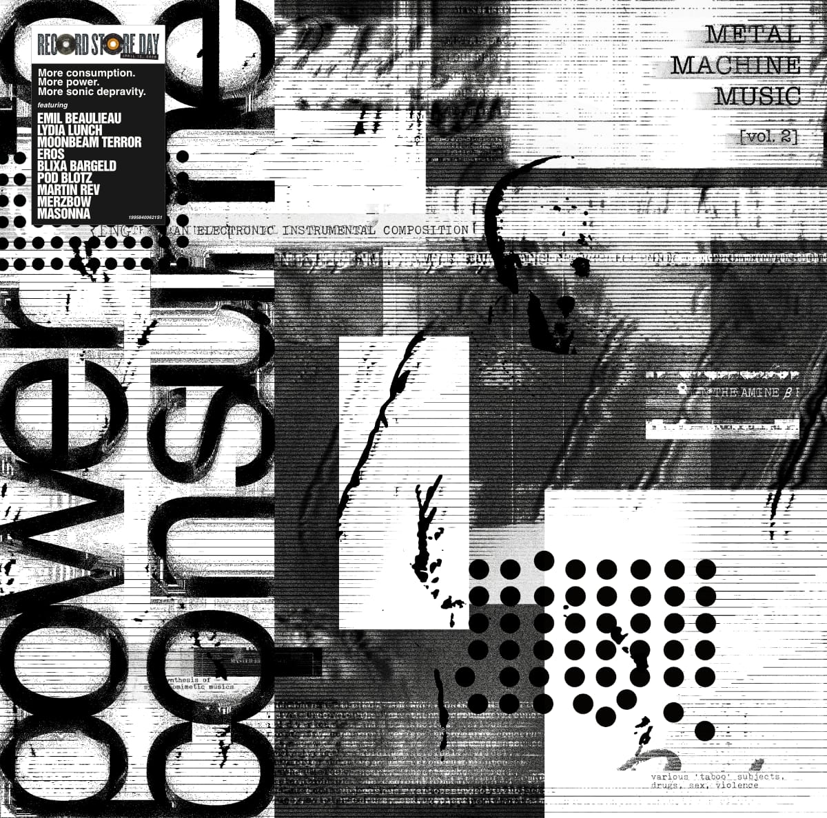 Black-and-white collage album cover for Metal Machine Music [vol. 2] featuring layered noise textures, ink splashes, halftone dot grids, distressed typography, and a tracklist naming Emil Beaulieau, Lydia Lunch, Merzbow, and others.