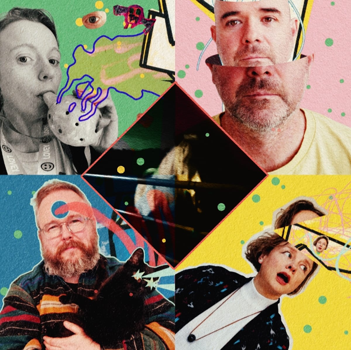 Four collaged portraits of Hen Ogledd's members on colored backgrounds with painted doodles and dots, arranged around a central diamond of blurred black-and-blue stage footage.