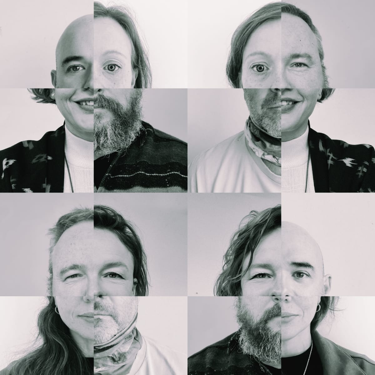 Black-and-white grid of Hen Ogledd's four members' faces digitally sliced and swapped into a checkerboard of mismatched quarter-face composites.