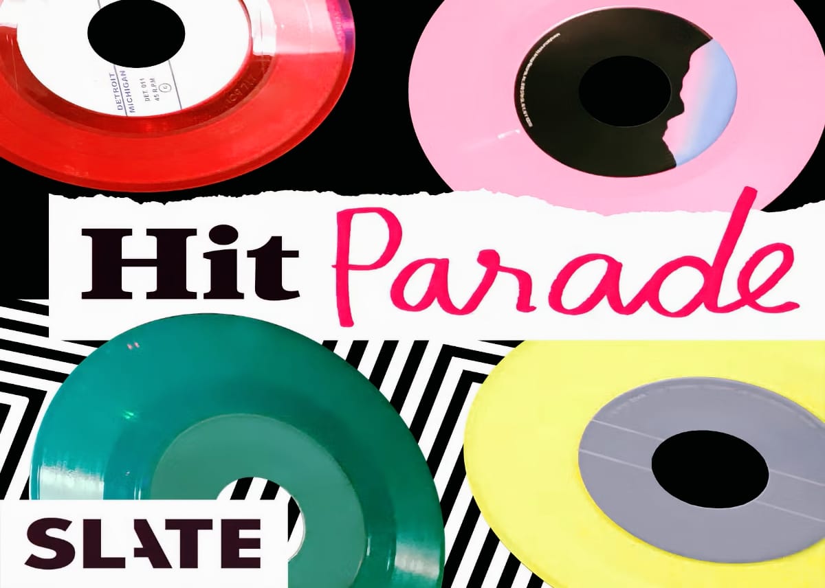 The Hit Parade logo in black and pink script, set on torn white paper over four colored seven-inch singles and a black-and-white chevron background, with the Slate logo below.