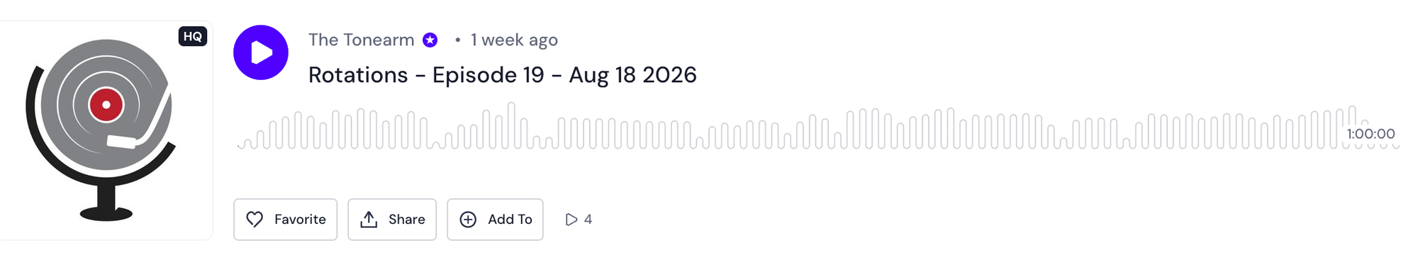 Mixcloud player for The Tonearm's Rotations – Episode 19 – Aug 18 2026, running 1:00:00, with a waveform and cover art of a vinyl record mounted like a globe.